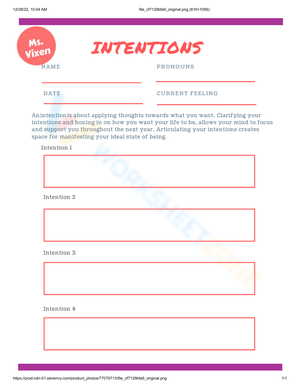 Mindfulness Practice: Set Your Intentions worksheet for middle school students Worksheet for sixth graders on mindfulness practices and setting intentions