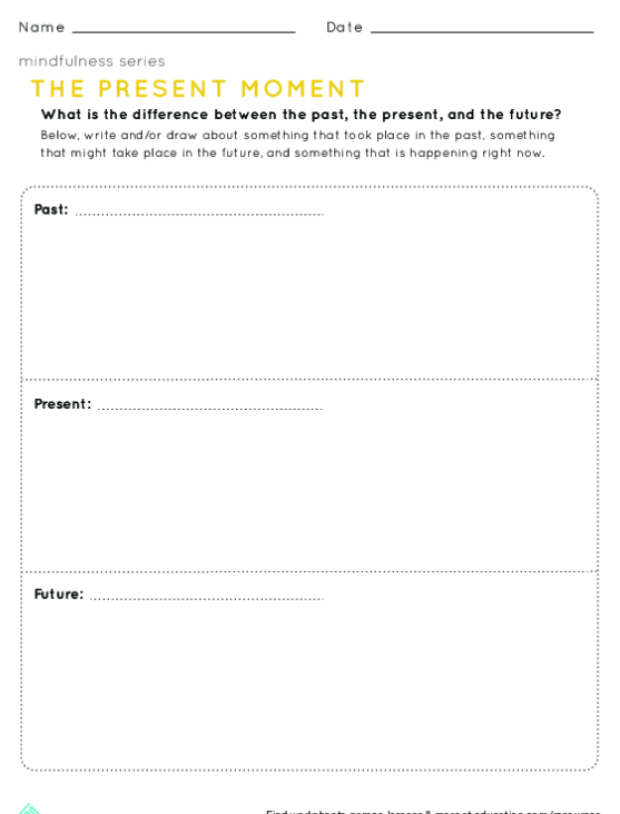 A preschool worksheet showing children exploring mindfulness through their five senses with colorful illustrations and sensory activities