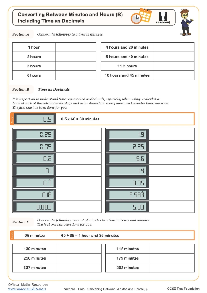 Worksheet illustrating the calculation of minutes in an hour for third graders