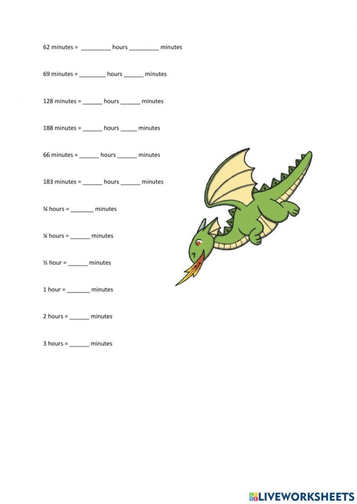 Worksheet illustrating the concept of minutes in an hour for third graders