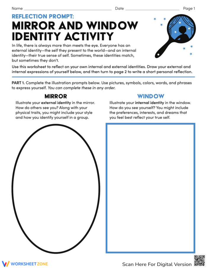 Reflection Prompt Mirror and Window Identity Activity for Sixth Grade Grammar Sixth grade student completing a mirror and window identity reflection worksheet with writing and drawing sections