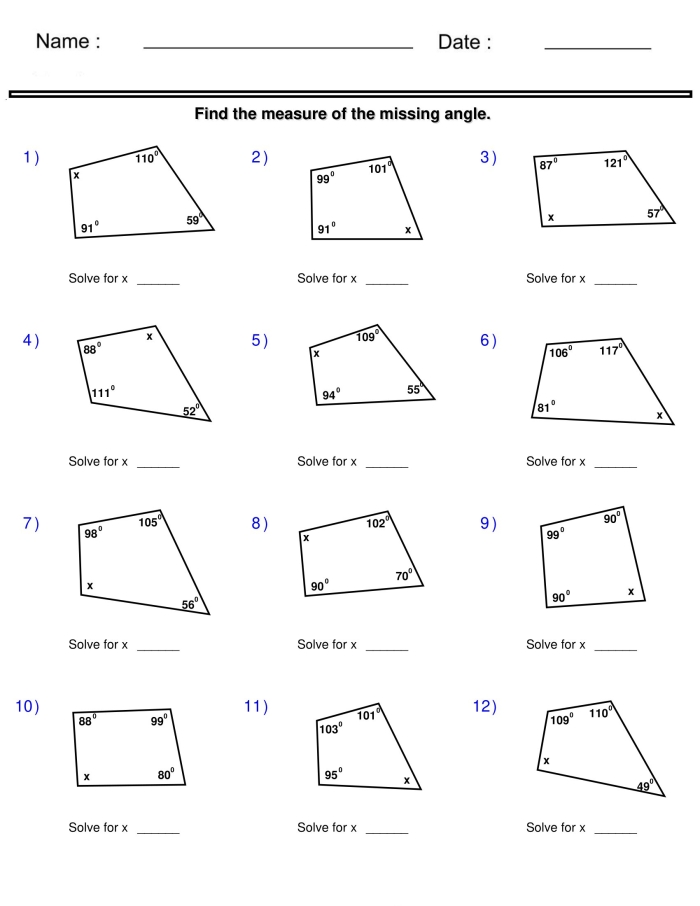 Worksheet featuring quadrilaterals with missing angles for eighth-grade geometry students