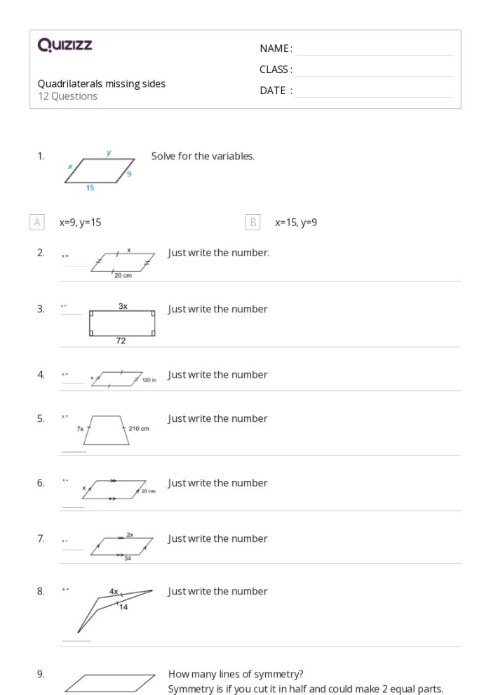 Eighth grade geometry worksheet featuring practice problems to find missing angles in various quadrilaterals