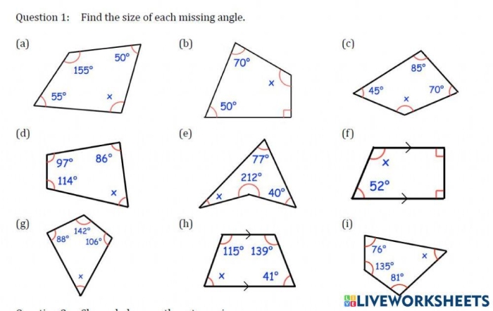 Worksheet on finding missing angles in quadrilaterals for eighth-grade geometry students