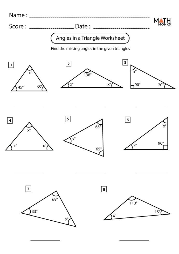 Worksheet featuring quadrilaterals with missing angles for eighth-grade geometry students