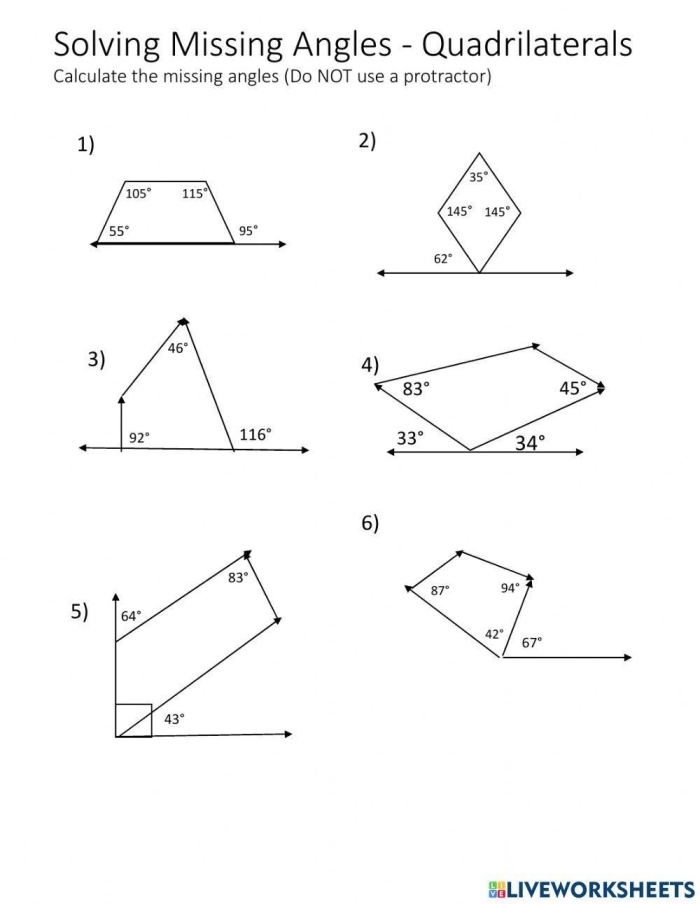Worksheet image featuring quadrilaterals with missing angles for geometry practice. The Missing Angle: Quadrilaterals worksheet for eighth-grade students.