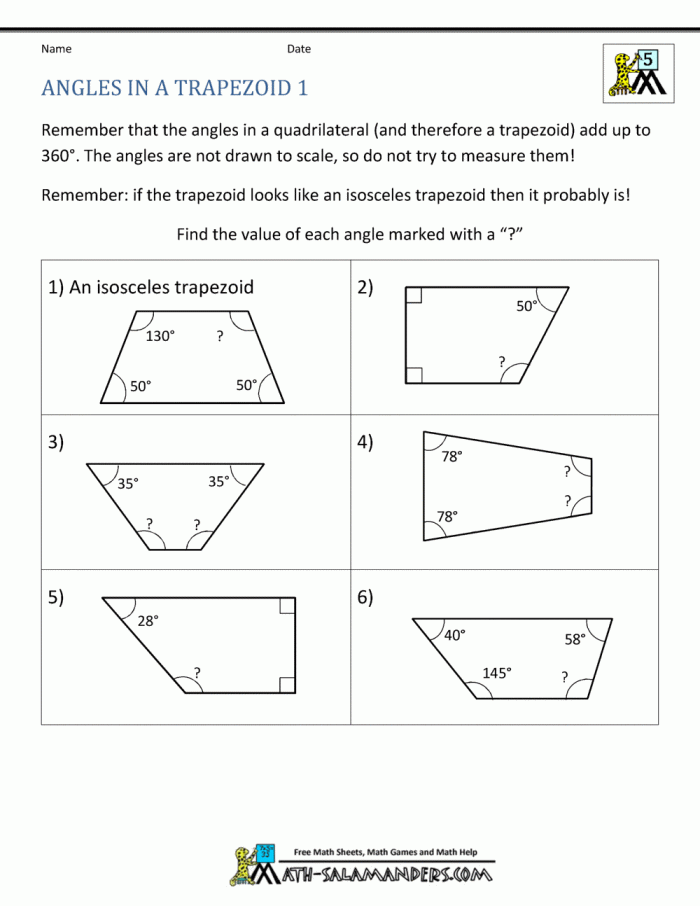 Worksheet image featuring a geometry exercise on finding missing angles in quadrilaterals