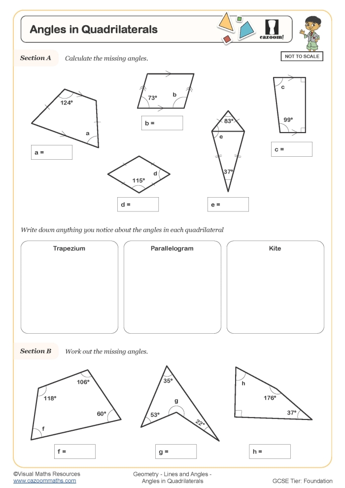 Worksheet featuring quadrilaterals with missing angles for geometry practice
