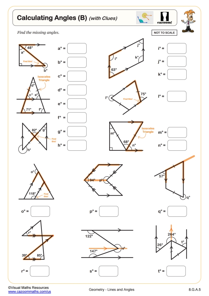 Worksheet featuring triangles for calculating missing angles