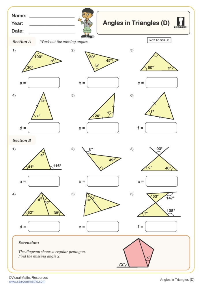Worksheet featuring triangles and missing angles for eighth-grade students