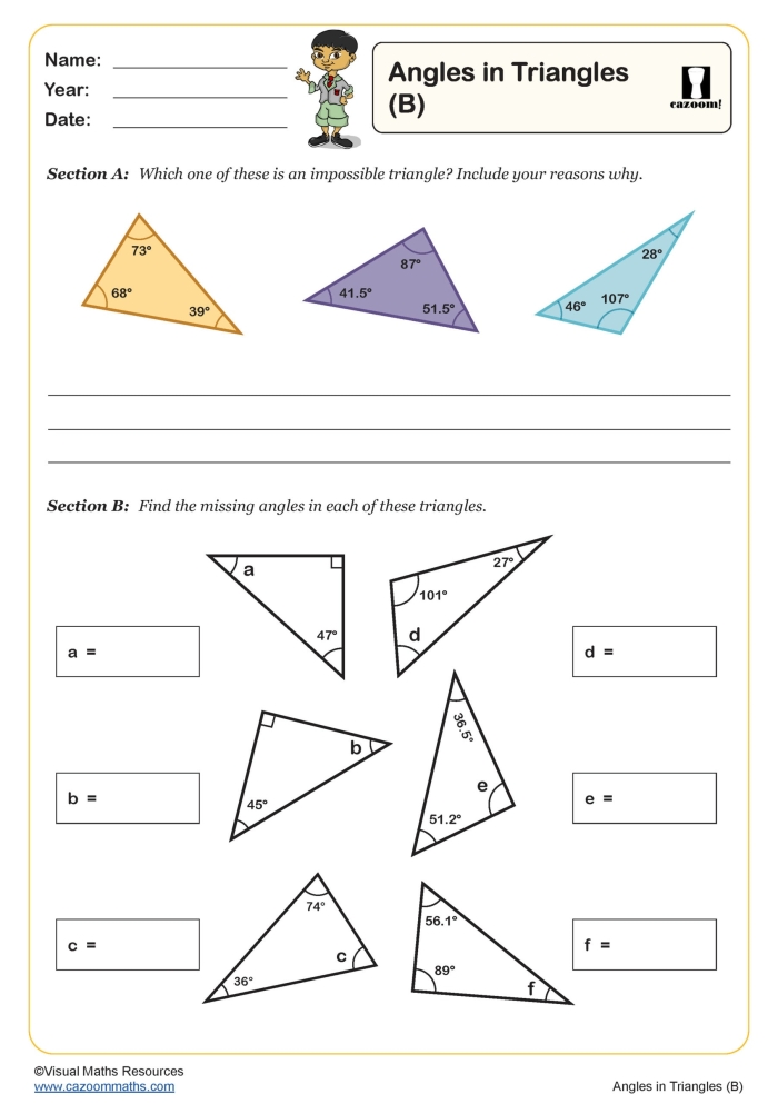 Eighth grade geometry worksheet featuring various triangles with missing angle problems for students to solve