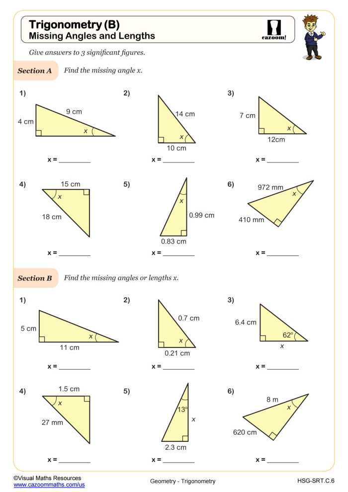 Worksheet featuring triangles for calculating missing angles