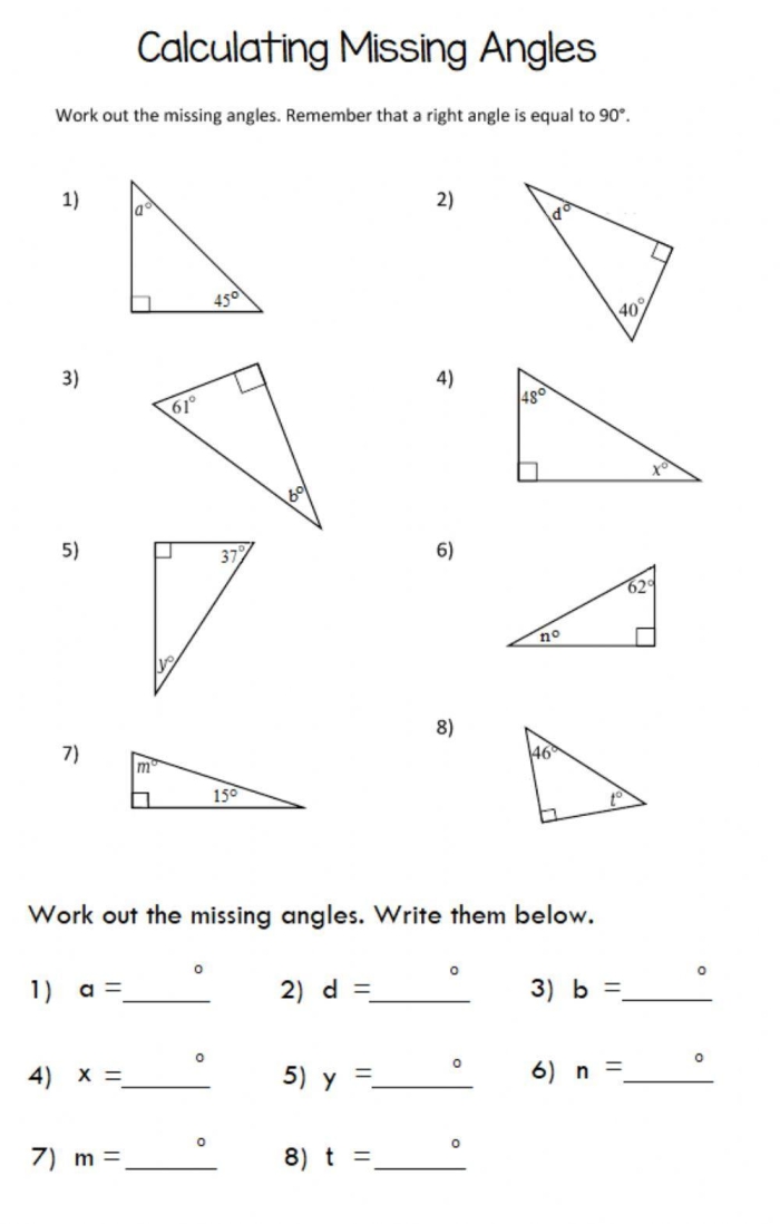 Worksheet image showcasing a variety of triangles for calculating missing angles