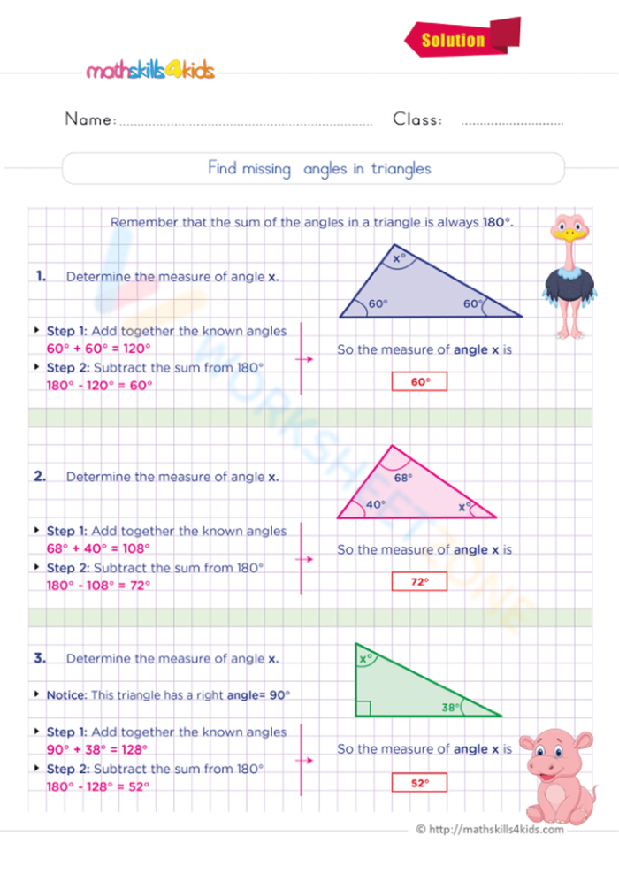 Worksheet for finding missing angles in triangles using the Triangle Angle Sum Theorem