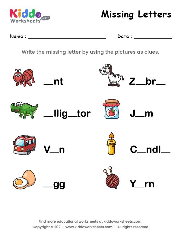 Colorful Find the Missing Letter worksheet designed for kindergarten students