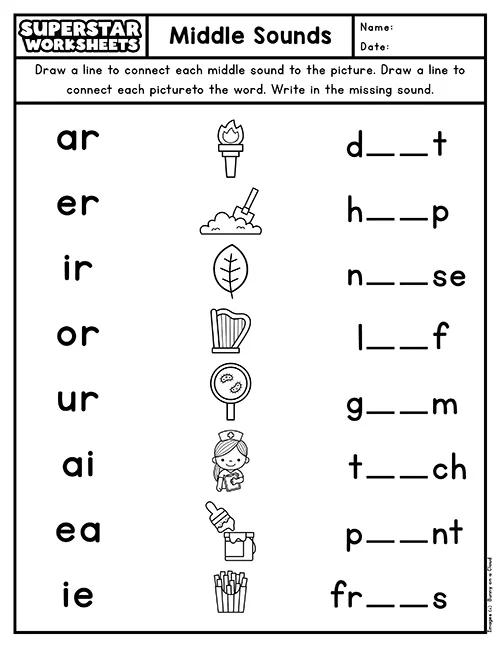 Kindergarten phonics worksheet focused on finding the missing middle letter in simple words