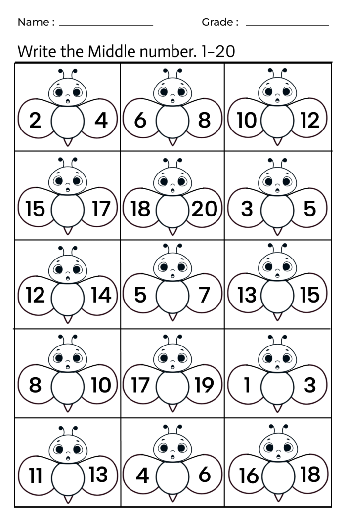 Kindergarten math worksheet featuring a friendly caterpillar with missing numbers between five and ten