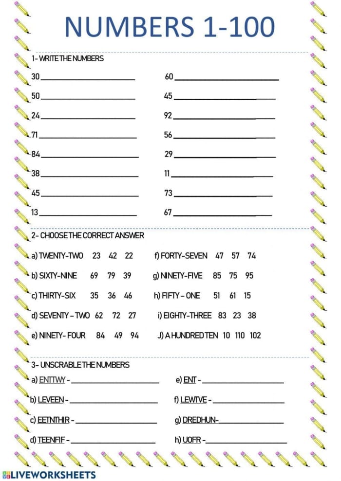 Missing Numbers worksheet for kindergarteners focusing on the hundred chart