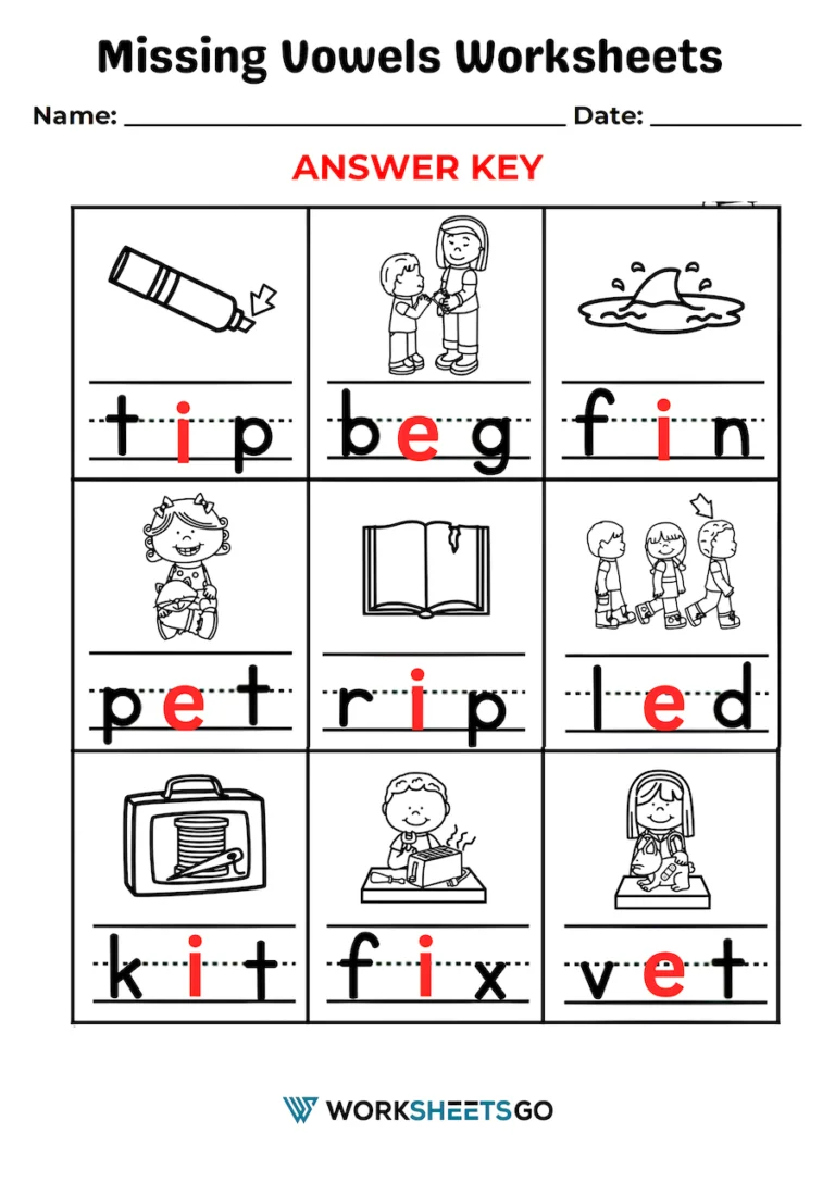 Writing worksheet for Kindergarten Missing Vowels worksheet for kindergarten students to enhance vowel recognition and spelling. Fun printable activity to support early literacy skills in young learners.