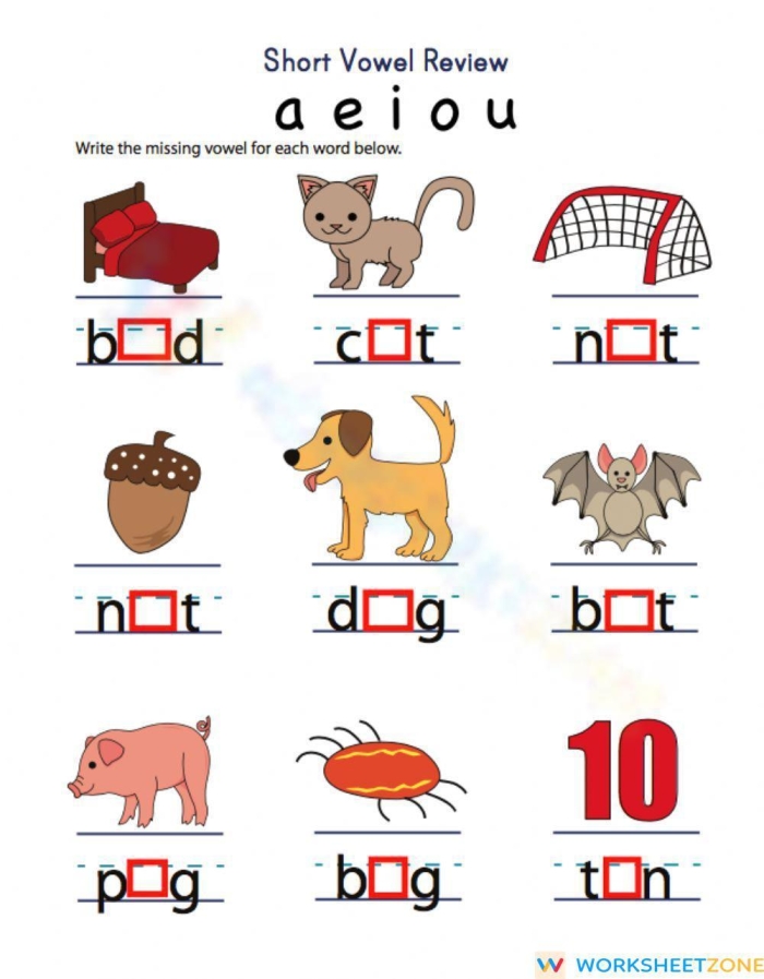 Writing worksheet for Kindergarten Missing Vowels worksheet for kindergarten students to enhance their spelling and vowel recognition. Educational activity sheet designed for young learners to practice vowels.