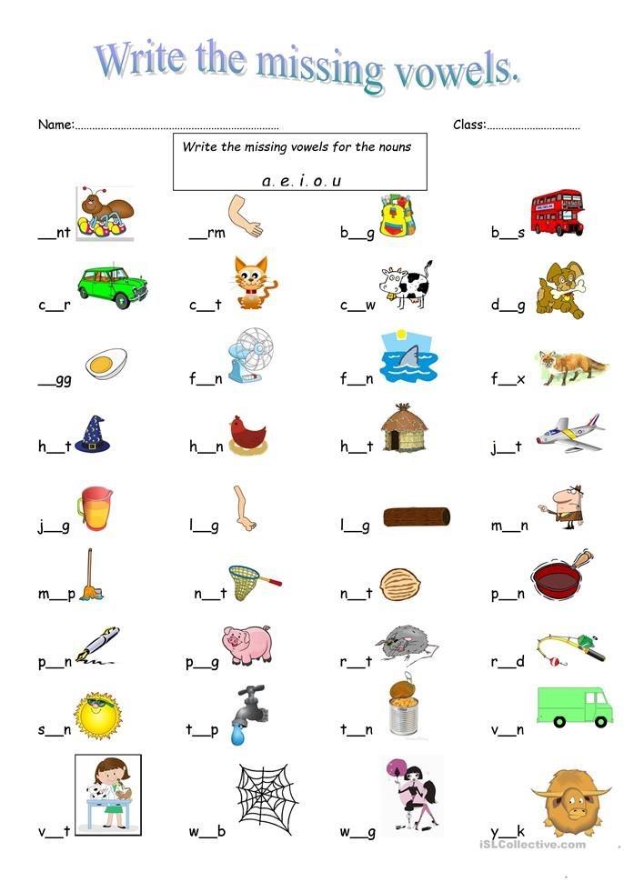 Writing worksheet for Kindergarten Missing Vowels worksheet for kindergarten students to enhance vowel recognition and spelling. Educational resource to support early writing skills in young learners.