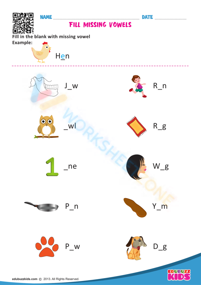 Interactive printable worksheet designed to teach young learners about vowels Missing Vowels worksheet for kindergarten students to enhance their spelling abilities