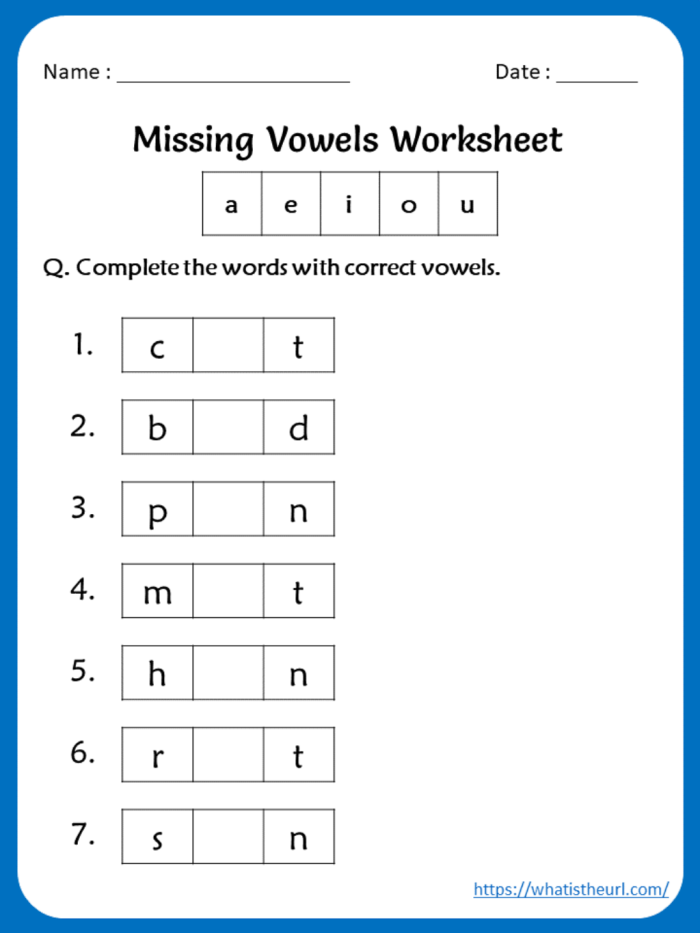 Interactive printable worksheet designed to teach vowels to young learners Missing Vowels worksheet for kindergarten students to enhance their spelling skills