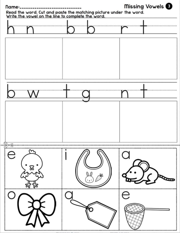 Engaging printable worksheet designed to help young learners master their vowels Missing Vowels worksheet for kindergarten students to enhance spelling and vowel recognition