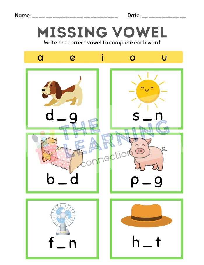 Engaging printable worksheet for teaching vowels to young learners in a fun way Missing Vowels worksheet designed for kindergarten kids to enhance vowel recognition and spelling abilities