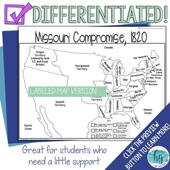 Map depicting the boundaries and exceptions of the Missouri Compromise for educational use