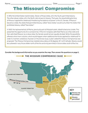 Illustration of the Missouri Compromise worksheet with a detailed map and background information for sixth graders