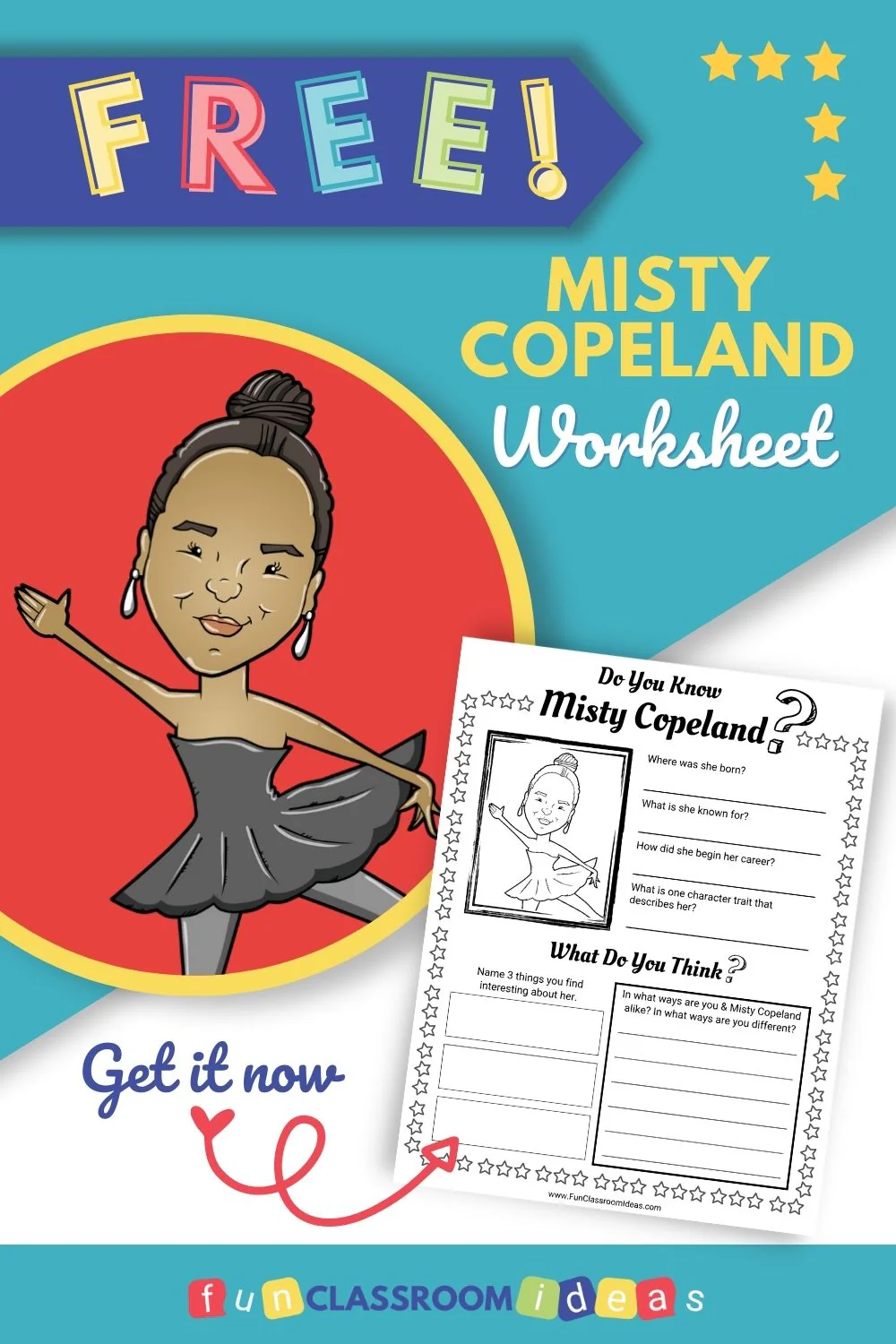 Misty Copeland Reader worksheet for Pre-K students highlighting her achievements in ballet