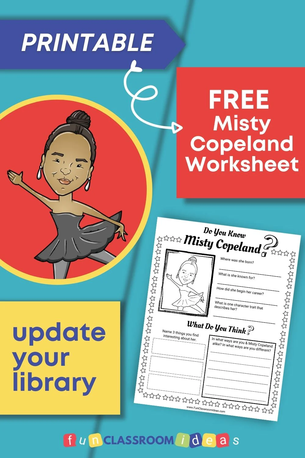 A fourth grade student worksheet featuring a biography reading passage about Misty Copeland with comprehension questions below the text
