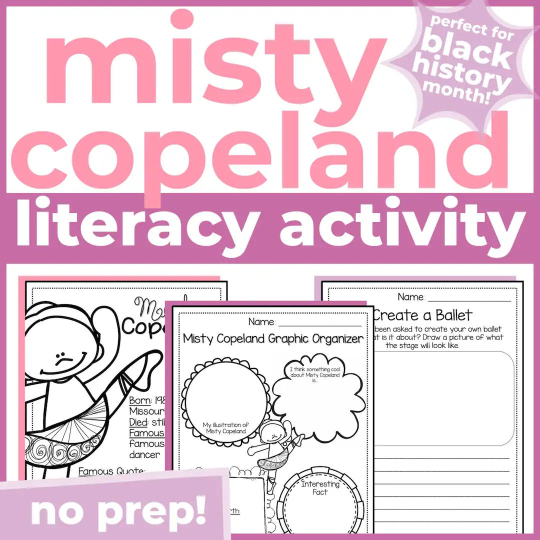 A fourth grade worksheet featuring a biography of ballerina Misty Copeland and reading comprehension questions