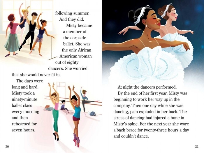 Fourth grade reading worksheet featuring a biographical text and comprehension questions about Misty Copeland