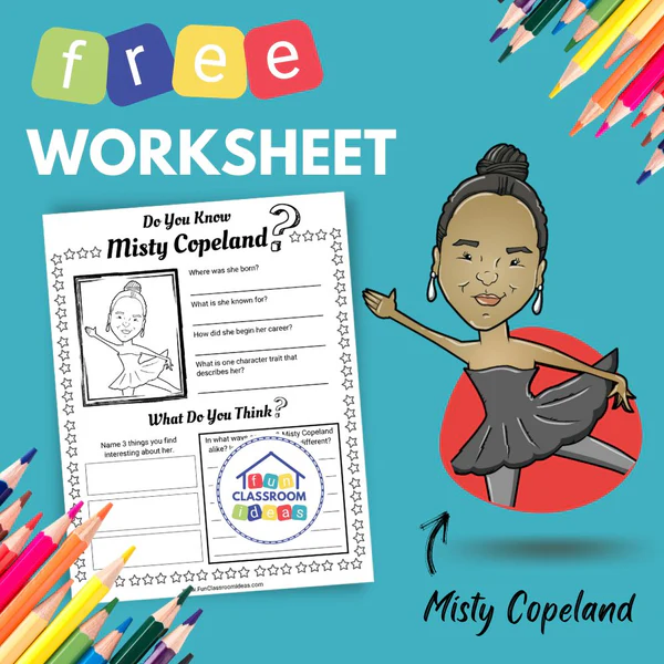 Second grade reading comprehension worksheet featuring a biography of ballerina Misty Copeland