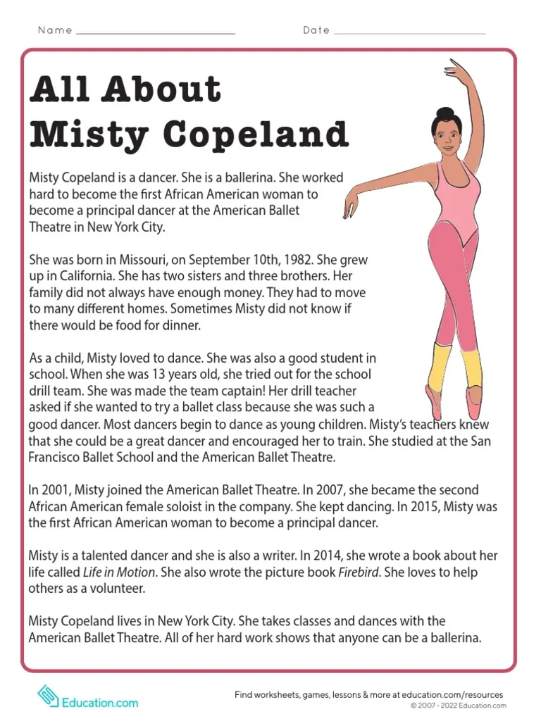 Fourth grade reading worksheet featuring a biographical text about Misty Copeland and comprehension questions