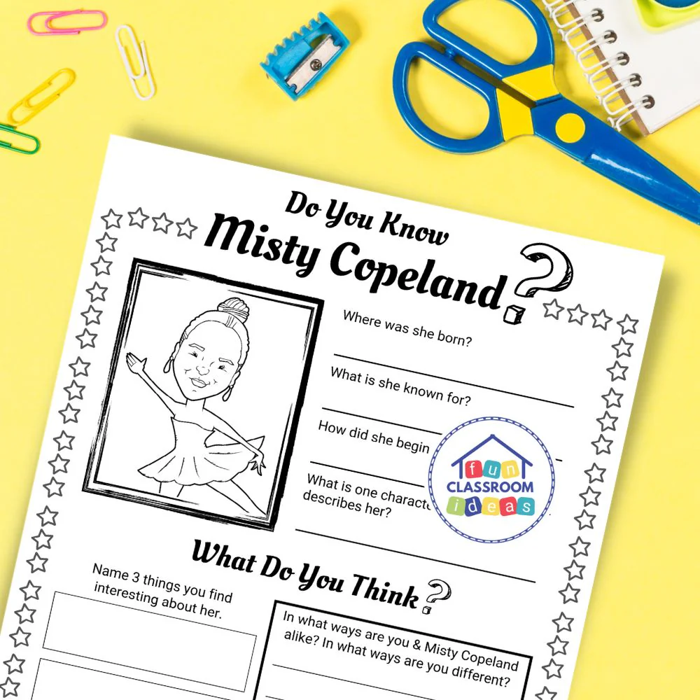 A fourth grade student worksheet featuring a biography reading passage about Misty Copeland and comprehension questions about her career as a principal dancer