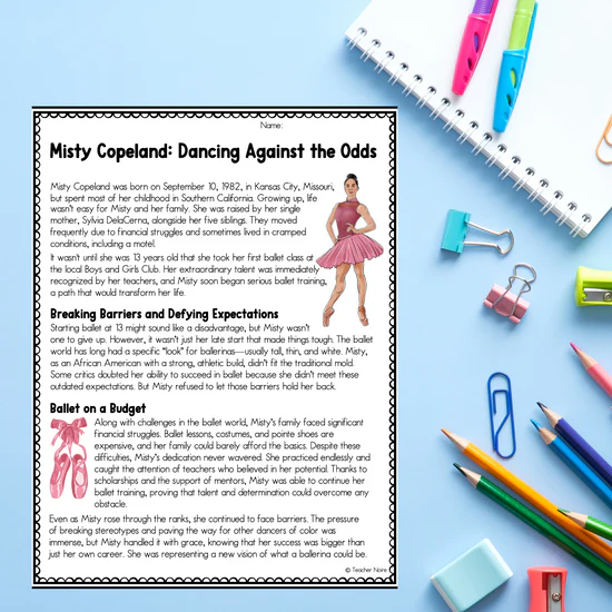 Misty Copeland Reader worksheet for early learners about the first African American principal ballerina. Educational resource highlighting Misty Copeland's achievements for Pre-K students.