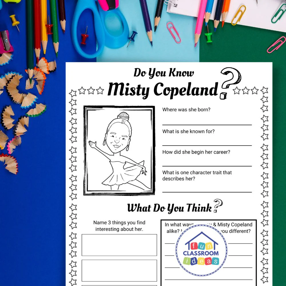 Misty Copeland Biography worksheet page five with reading passage and comprehension questions for fourth grade students