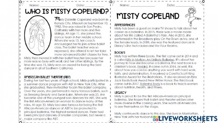 Second grade spelling worksheet featuring a biography and reading comprehension questions about Misty Copeland