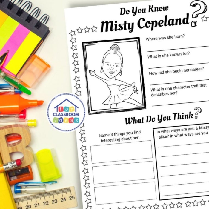 All About Misty Copeland reading comprehension worksheet for second grade spelling and vocabulary practice