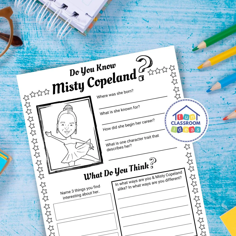 Misty Copeland worksheet for second graders focusing on spelling and comprehension