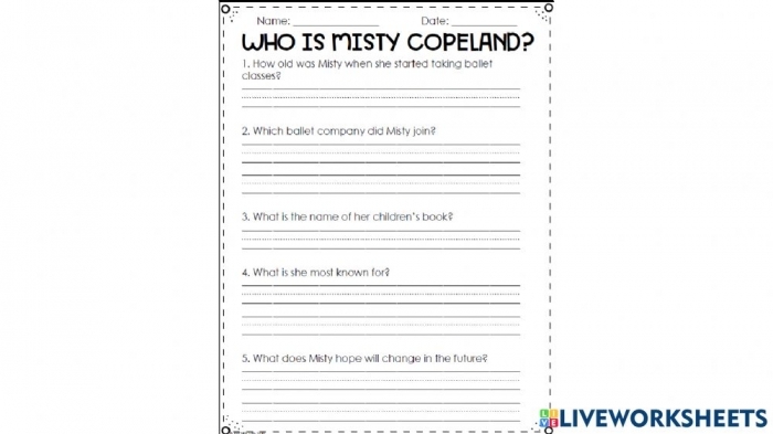 Misty Copeland worksheet for second graders focusing on spelling and comprehension