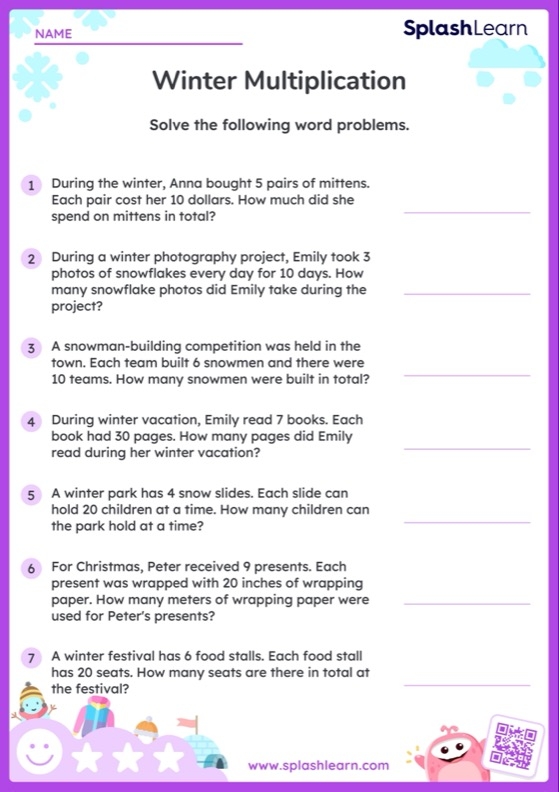 Colorful winter-themed worksheet featuring two-digit multiplication practice for fourth graders