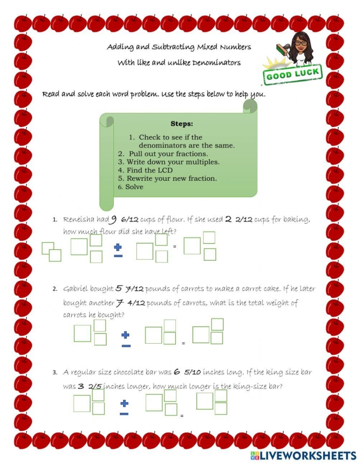 Colorful fifth grade math worksheet focusing on the addition of mixed fractions for life science students
