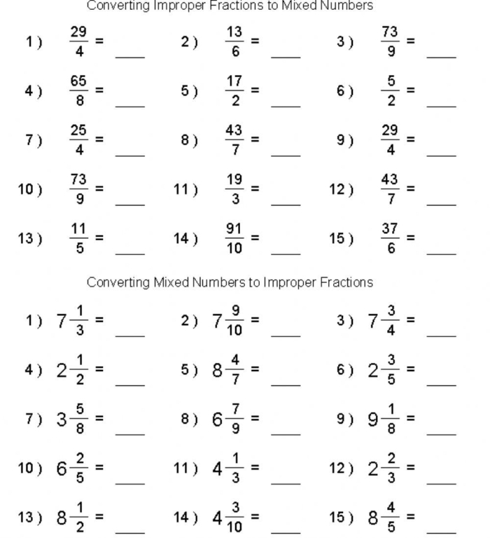 Fifth grade mixed and improper fractions practice worksheet with colorful visual examples for learning fraction concepts