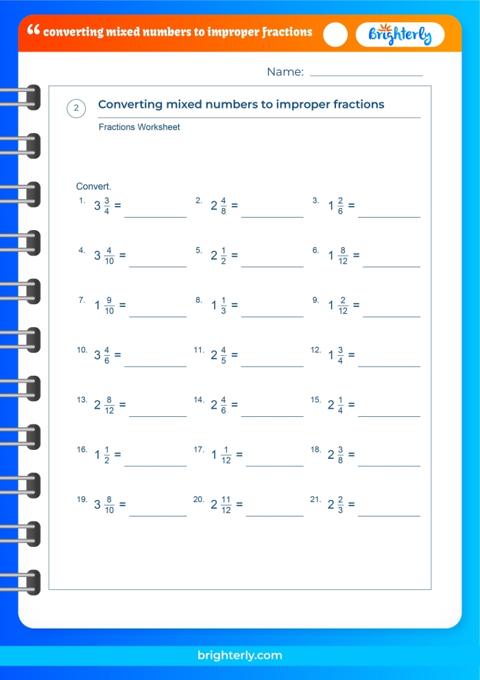 Fifth grade math worksheet showing mixed and improper fractions practice problems with colorful illustrations for image 2