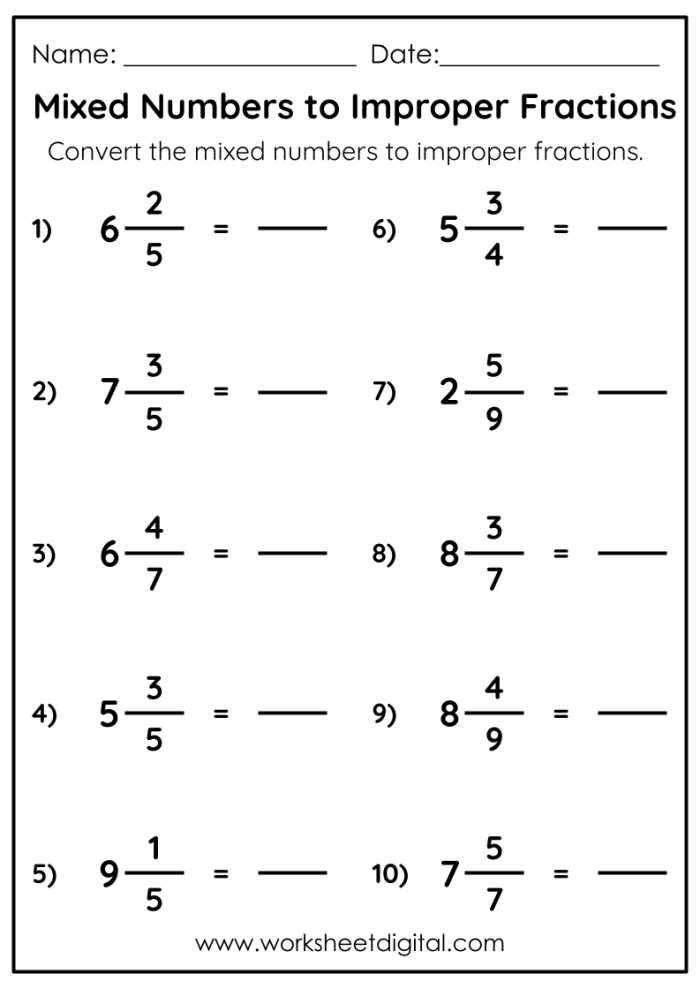 Practice Mixed and Improper Fractions 1 Math Printable for Grade 5 Addition Fifth grade math worksheet showing mixed and improper fractions addition problems with fun illustrations to keep students engaged