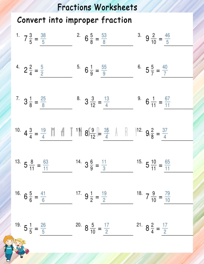 Educational resource for converting mixed fractions to improper fractions Worksheet featuring mixed and improper fractions for fifth-grade students